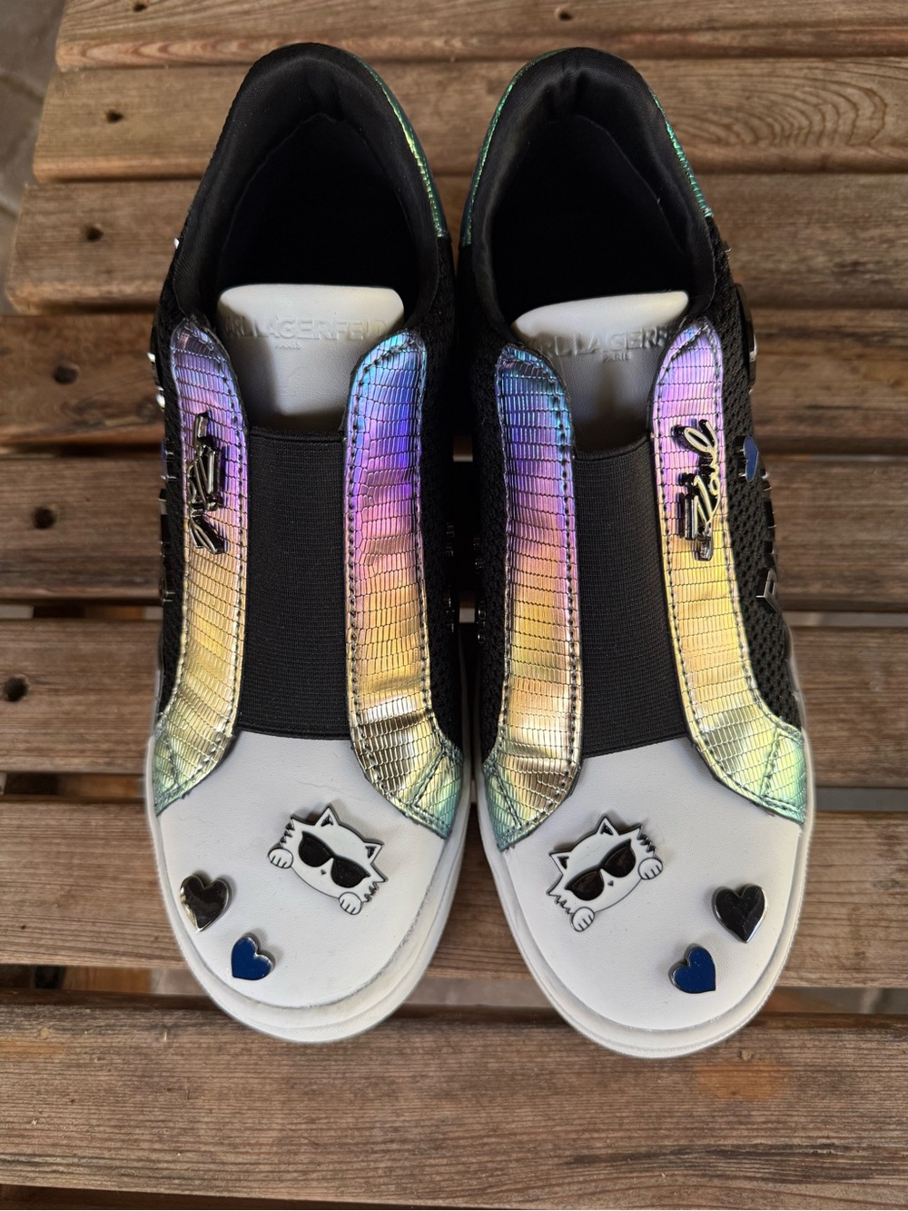 Karl Lagerfeld white black and holographic sneakers size 7